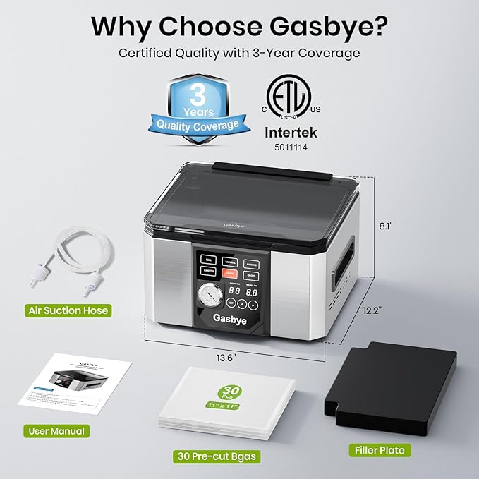 Gasbye Chamber Vacuum Sealer – 5.3QT Large Chamber, Replaceable 11.5" Sealing Bar with Double Seal, Perfect for Meats, Soups, Sauces & Liquids, Includes 30 Pre-Cut Vacuum Bags, Stainless Steel