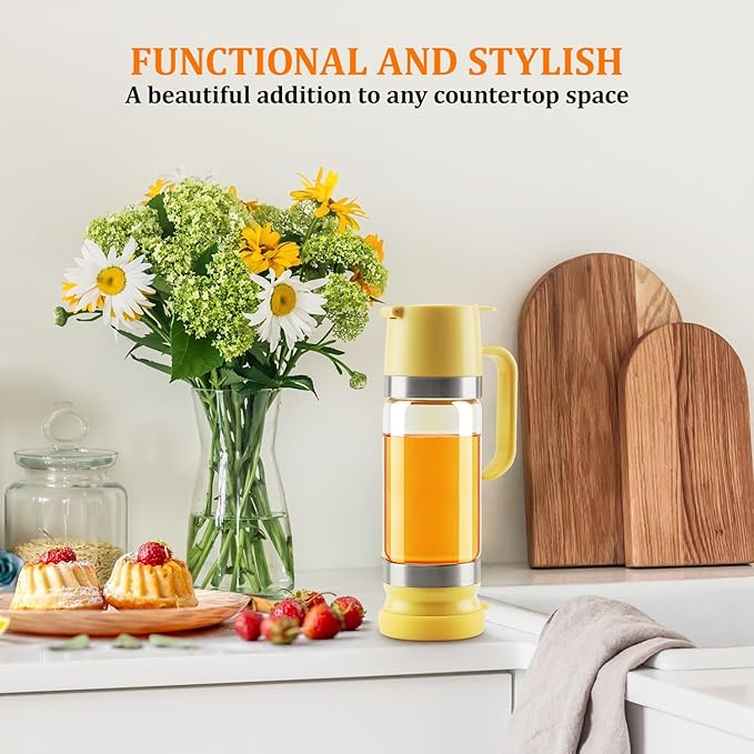 Aelga Honey Dispenser, Honey Dispenser No Drip 12 oz Glass Honey Jar with Handle, Easy Pour Syrup Dispenser for Coffee Bar, Tea & Kitchen Accessories (Yellow)