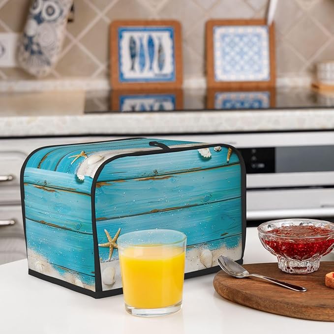 Seashells Starfish Blue Wood Toaster Cover 2 Slice, Cute Rural Bread Machine Cover, Washable Dust-Proof Cover for Kitchen Small Appliance Cover,with Top Handle