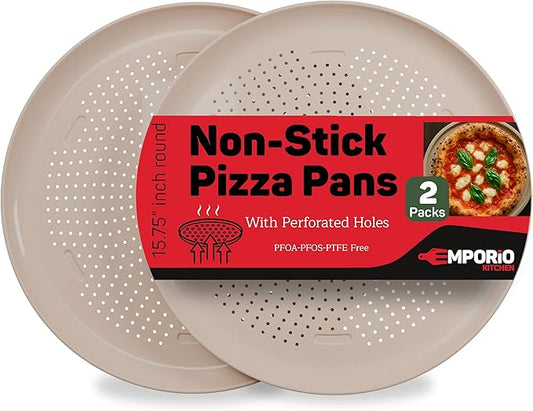 Emporio Kitchen Non-Stick Pizza Pan 2 Pack – 16 Inch Round Carbon Steel Pizza Tray with Perforated Holes, PFOAPFOSPTFE-Free, Dishwasher & Oven Safe Up To 450°F, Durable Nonstick White Marble Coating