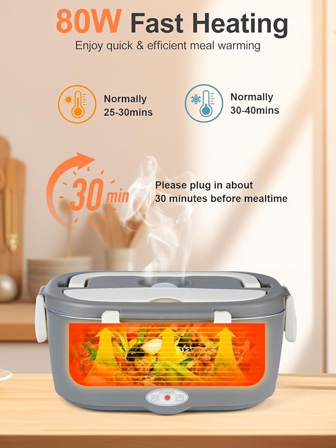 SOHIDA Electric Lunch Box Food Heater, 80W Heated Lunch Box for Adults, 12V 24V 110V Portable Food Warmer LunchBox for Car Truck Work with Removable 304 Stainless Steel Container White
