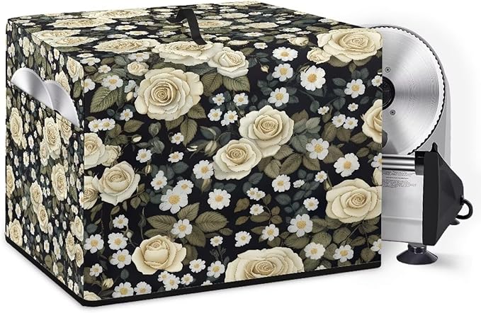 Vintage White Rose Print Meat Slicer Cover with Organizer Pocket, Dust-proof Slicer Machine for Home Food Slicer, Fit for Elite for Standard Meat Slicer, 16x13x13 Inch (Only Cover)