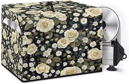 Vintage White Rose Print Meat Slicer Cover with Organizer Pocket, Dust-proof Slicer Machine for Home Food Slicer, Fit for Elite for Standard Meat Slicer, 16x13x13 Inch (Only Cover)