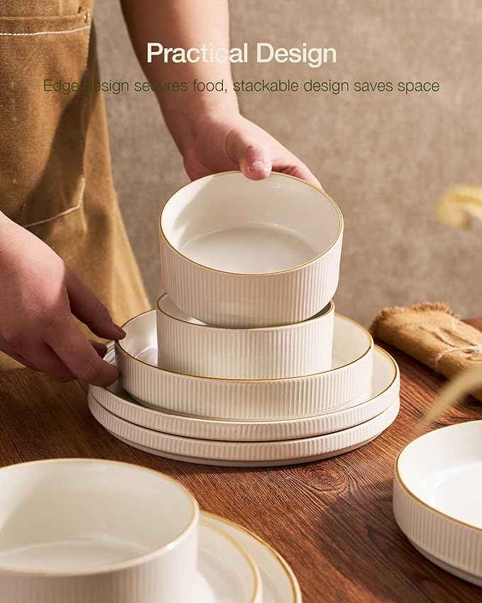 Famiware Star Dinnerware Set with Mugs, Service for 6 (24 Pieces), Ribbed Stoneware Plates and Bowls Dishes Sets with Trim - Chip & Scratch Resistant, Microwave & Dishwasher Safe, White