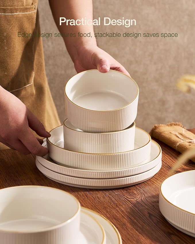 Famiware Star Dinnerware Set with Mugs, Service for 4 (16pcs), Ribbed Stoneware Plates and Bowls Dishes Sets with Trim - Chip & Scratch Resistant, Microwave & Dishwasher Safe, White