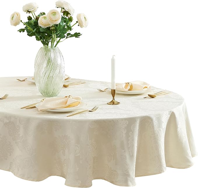 Newbridge Barcelona Luxury Damask Fabric Tablecloth, 60” Wide x 84” Oval, Antique White, 100% Polyester, No Iron, Soil Resistant Dining Room, Party and Banquet Table Cover