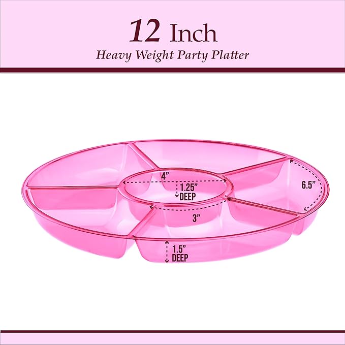 Plasticpro 6 Sectional Round Plastic Serving Tray/Platters Pink Pack of 4