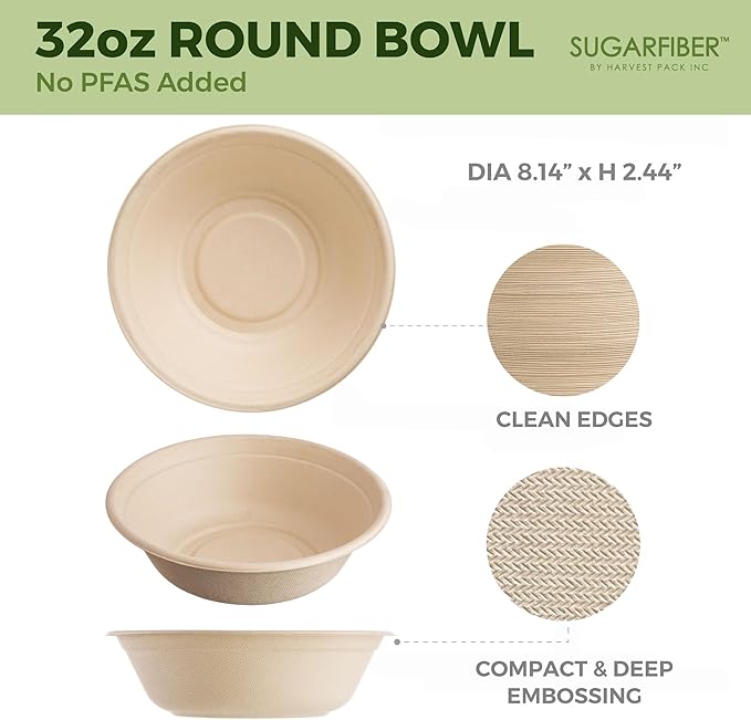 [50 COUNT]Harvest Pack PFAS FREE 32oz Round Paper Bowls, Compostable Heavy-Duty Eco-Friendly Disposable Bagasse Large Soup Bowls, sugarcane made for Meal Prep Takeout Dinnerware, Microwave Safe