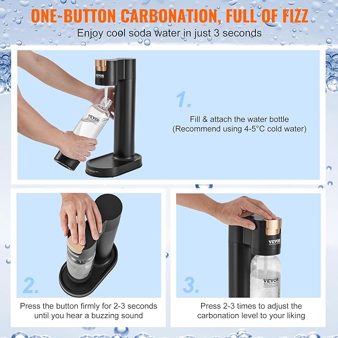 VEVOR Sparkling Water Maker, Soda Maker Machine for Home Carbonating, Seltzer Water Starter Kit with BPA free 1L PET Bottle, Compatible with Mainstream Screw-in 60L CO2 Cylinder(NOT Included), Black