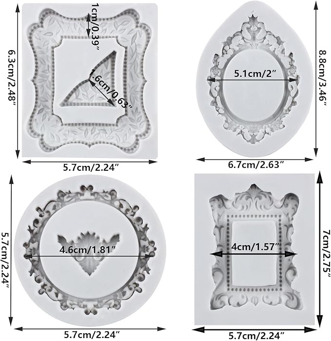 Picture Frames Silicone Mold Photo Frame Fondant Molds Vintage Frame Mold Baroque Frames Chocolate Molds For Sugar craft Cake Decoration Cupcake Topper Candy Polymer Clay Gum Paste Set of 4