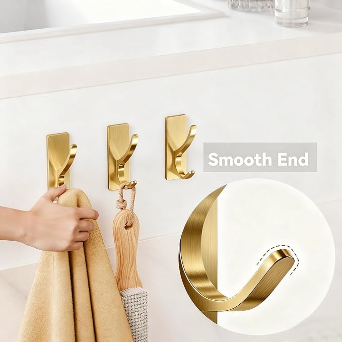 pickpiff Brushed Gold Self Adhesive Coat Hooks for Hanging: 13LB Extra Strong Stainless Wall Hook for Towel, Utensil, Backpack, Hat, Sturdy Metal Hanger for Bathroom, Kitchen, Door, 4-Pack