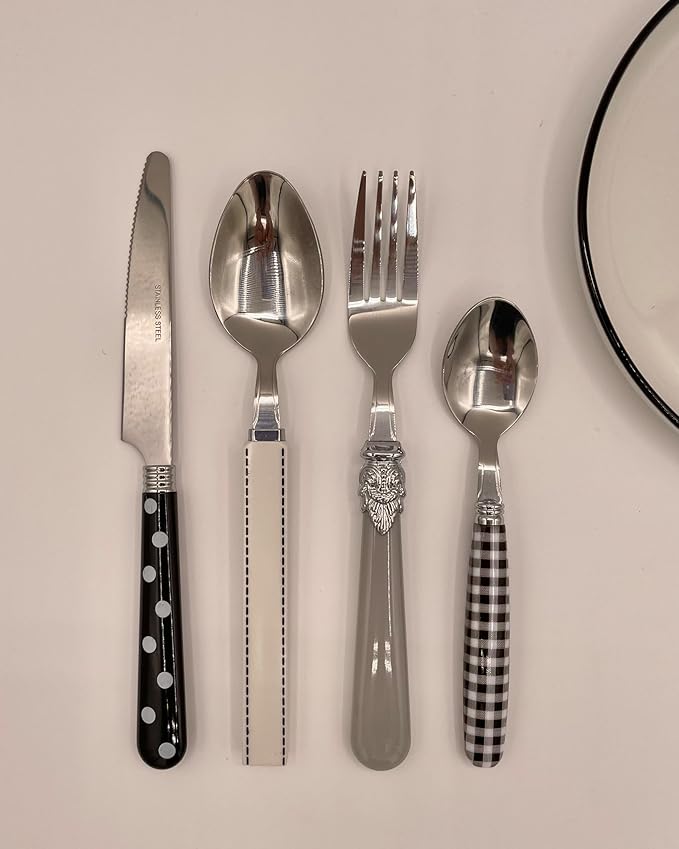 The Original Brink House Eclectic Black & White Mix & Match Stainless Steel Cutlery Set / 16 pieces with Metal Stand/Lifestyle utensils set for home, first apartment, dorm, dinner parties