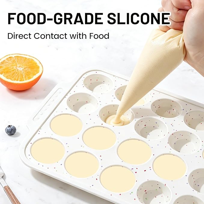Vinino Silicone Mini Muffin Pan for Baking, 24 Cups Mini Cupcake Pan with Reinforced Frame, Nonstick Muffin Tray with Non-Slip Handle, Silicone Molds for Oven, BPA Free, Dishwasher Safe
