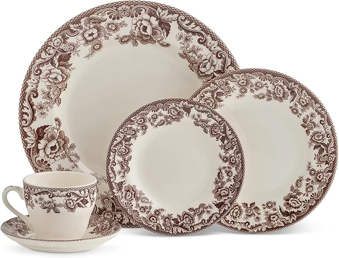 Spode Delamere 5-Piece Place Setting – Rich Brown British Flowers Border, Includes Dinner, Salad, Bread Plates with Teacup & Saucer – Fine Earthenware, Dishwasher, Microwave, Oven & Freezer Safe