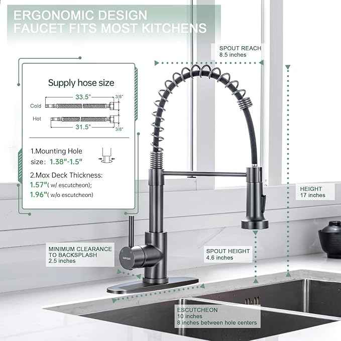 WEWE Black Stainless Kitchen Faucet, Faucet for Kitchen Sink with Pull Down Sprayer Gray Matte Gun Black Kitchen Faucet with Deck Plate Stainless Steel Farmhouse Commercial Single Handle Sink Faucet