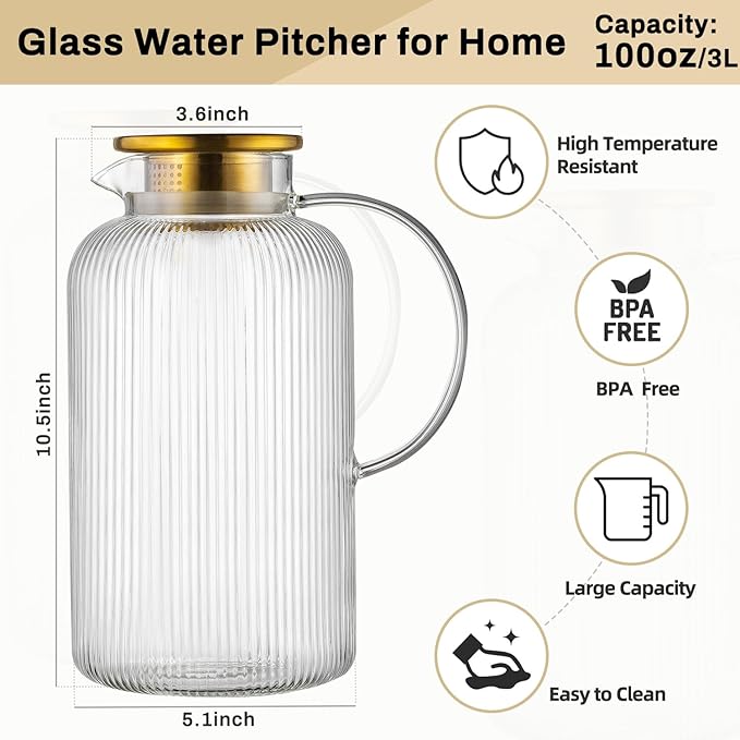 Buaic Glass Pitcher with Lid, 100 oz/ 3 Liter Classic Vertical Stripes Water Pitcher,Glass Water Carafe for Cold Brew, Coffee, Lemonade, Iced Sun Tea,Beverage, Milk, Heat Resistant