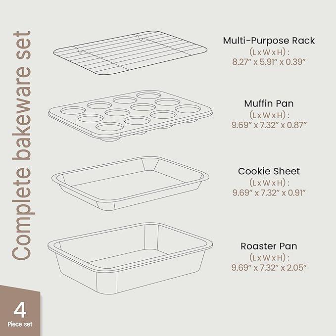 Bakken 4-Piece Bakeware Sets, Nonstick Carbon Steel Baking Sheet, Stackable Space-Saving Bakeware, Dishwasher Safe, Stain-resistant, PFOA, PFOS, & PTFE Free, Oven Safe Up To 450°F, Gray Marble