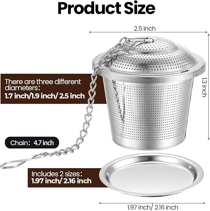 Zopeal 9 Pcs Tea Infuser Stainless Steel Strainer with Extended Chain Hook and Saucer Loose Leaf Steeper Fine Mesh Ball Tea Filter for Brew Spices Seasonings Fits Cup Mug Bottle (3 Sizes)