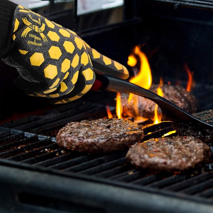 J H Heat Resistant Oven Glove:EN407 Certified 932 °F, 2 Layers Silicone Coating, Oven Mitts for Cooking, Kitchen, Fireplace,Camping, Grilling (Black/Yellow, Extra Long Cuff)