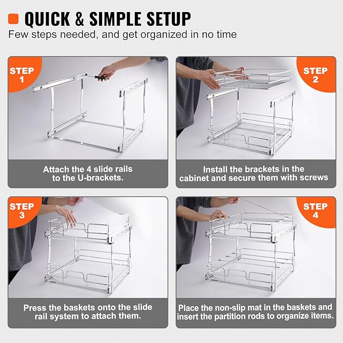 VEVOR Pull Out Cabinet Organizer, 14" Wx21.2 Dx15.2 H Heavy 2 Tier Duty Slide Out Pantry Shelves, Chrome-Plated Steel Roll Out Drawer for Under Sink, 15.5" Wx22.5 Dx19 H Install Size for Cabinet