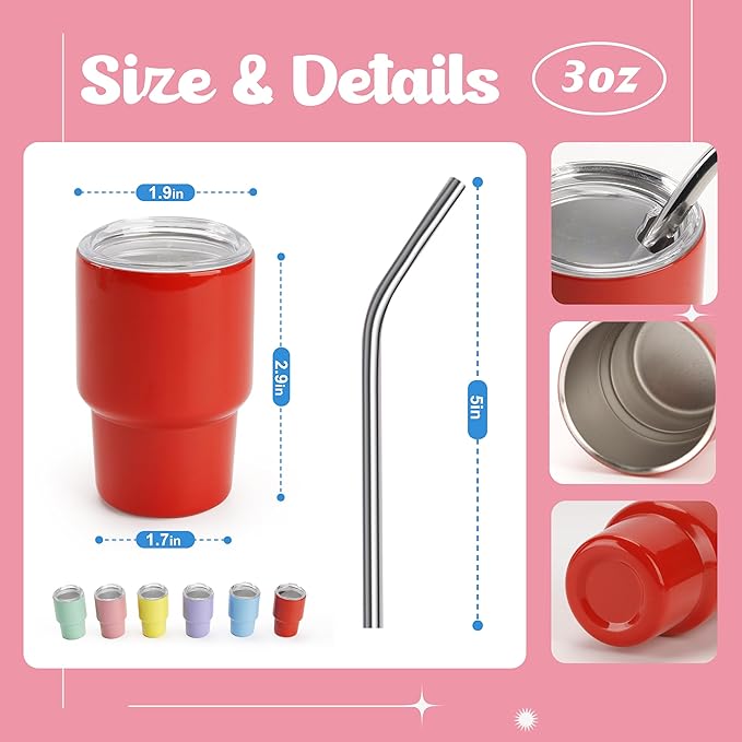 Joyclub 3 oz Mini Tumbler Shot Glass with Straw and Lid 6 Pack Colored Stainless Steel Sublimation Shot Tumblers Mini Cup for Wedding Party Whiskey Favors