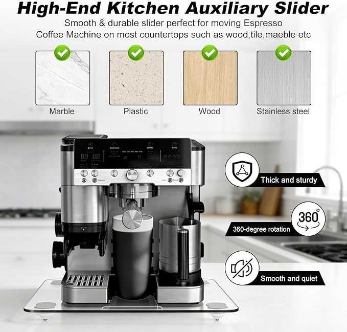 Acrylic Appliance Slider Compatible with Ninja Espresso Machine, 360° Rolling Sliding Tray for Ninja ES601 ES701 Coffee Maker, Coffee Pot Slider Tray for Countertop Appliances 13.4" x 15.4"
