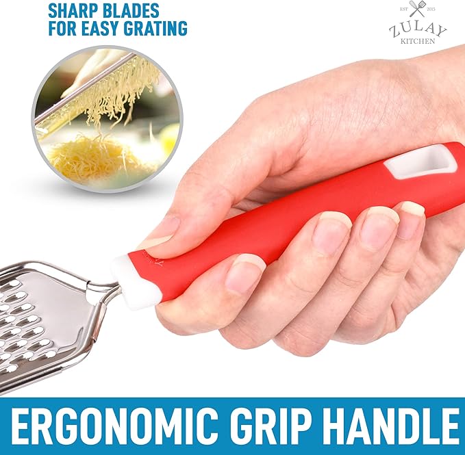 Zulay Kitchen Professional Cheese Grater Stainless Steel - Durable Rust-Proof Metal Lemon Zester Grater With Handle - Flat Handheld Grater For Cheese, Chocolate, Spices, And More - Red