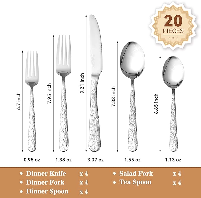 Elegant Dining Hosting Bundle: 4-Pack Vintage Floral Silver Serving Trays (11.4" x 7") & 20-Piece Hammered Silverware Set for 4, Premium Stainless Steel Party Platters and Lava Texture Cutlery Set