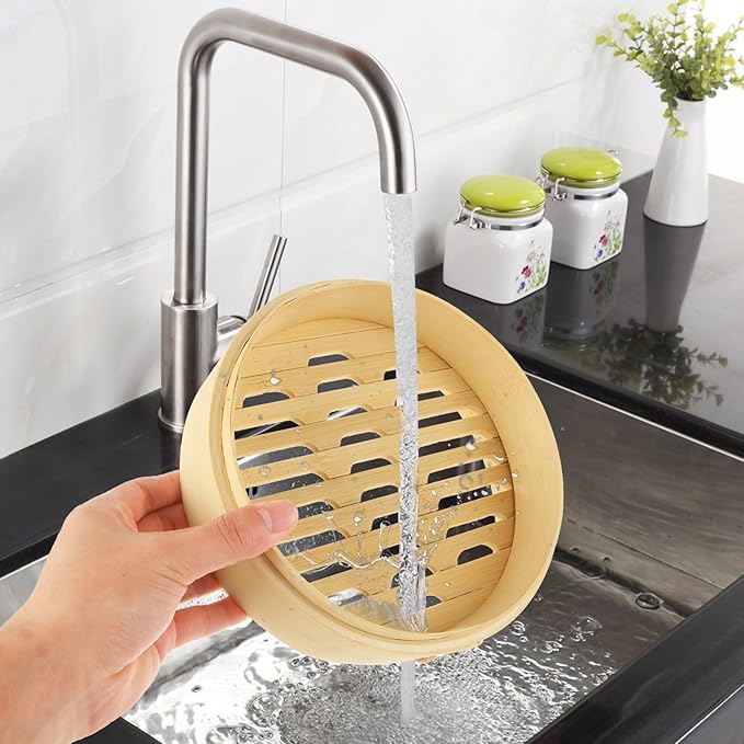 JMIATRY 3 Tier Bamboo Steamer 8 Inch Dumpling Steamer Basket With Side Handles Bamboo Steamers Basket With Lids for Steaming Cookware Asian Food, Bao Buns, Chinese Dim Sum, Dumpling