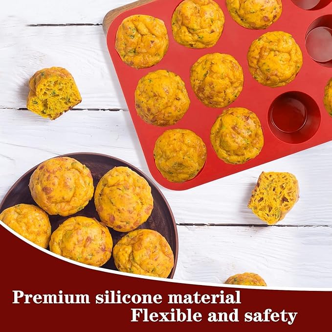 Silicone Muffin Pan, 12-Cup Non-Stick Popover Baking Tray for Muffins, Brownies, Yorkshire Puddings, Red, 12.4 x 9.5 Inch, Set of 2