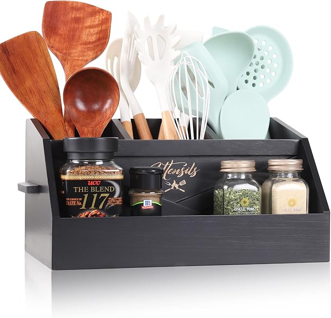 Innovation Kitchen Utensil Holder for Countertop with 4 Compartments, Wood Utensil Organizer for Cooking Tools, Black (Utensil Not Included)