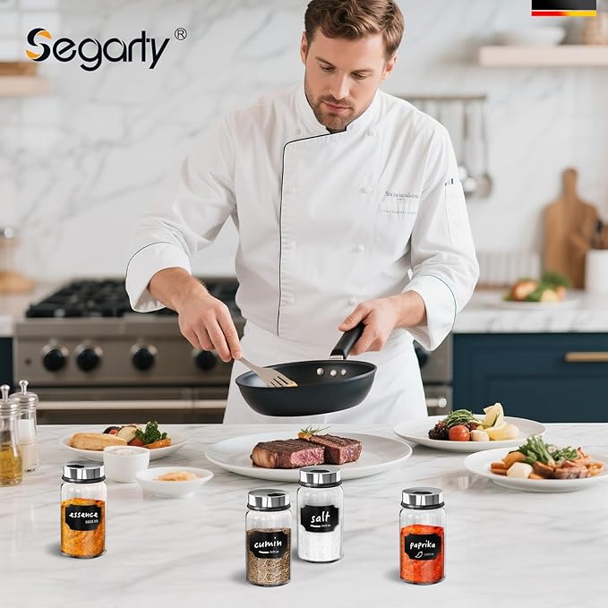 Segarty 7oz Spice Jar with Accessories, 1 Pack 200ml Empty Seasoning Bottle with Shaker Lid for Salt Pepper Sugar Storage, Glass Spices Container with 8 Blank Labels, 1 Cleaning Brush, 1 Chalk Marker