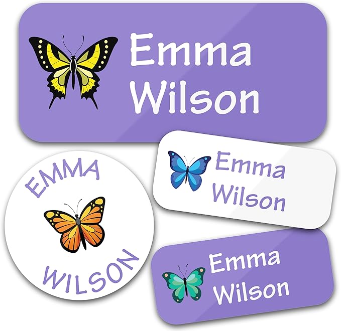 Personalized Daycare Name Labels for Kids (130 Labels) - Custom Waterproof Name Stickers for Clothing Tags, Water Bottles, Lunch Boxes and School Supplies (Butterflies)