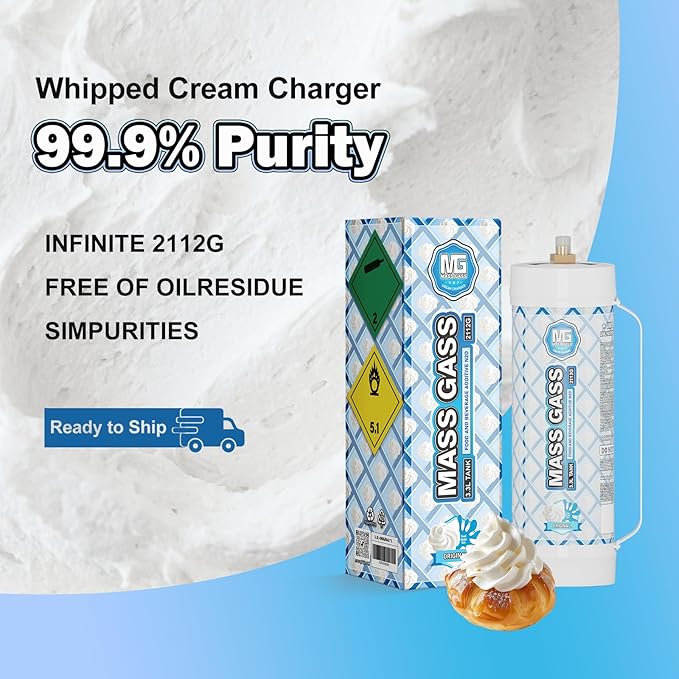 MassGass Whipped Cream Chargers, 3.3L Tanks, 2112g Whip Cream Charger Cylinder Unflavored Food Grade 99.99% Pure(3 Cylinders)