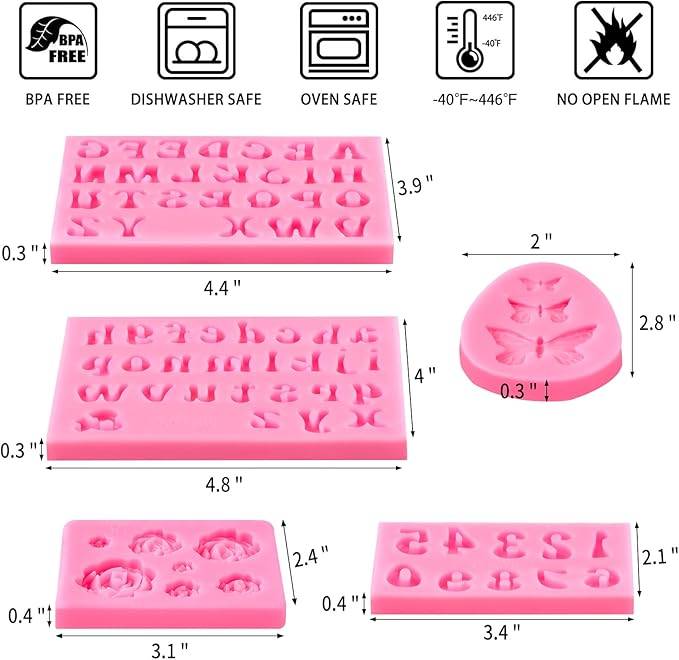 5 PCS Silicone Letter Molds, Non-Stick Number Rose Flower Butterfly Fondant Molds for Chocolate, Candy, Cake Decoration, Cupcake Topper