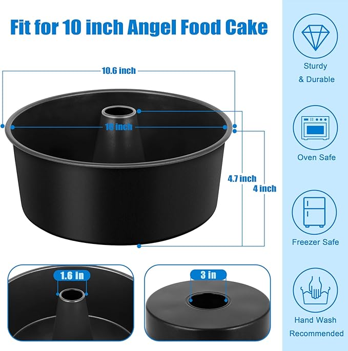 TeamFar 10 Inch Angel Food Cake Pan, Non-Stick Coating Stainless Steel Core Pound Cake Pan with Tube, for Home/Kitchen, Healthy & Heatproof, One-piece & Hollow Design, Release& Clean Easily