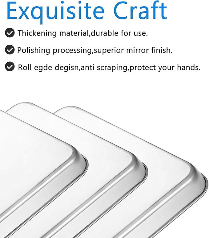 Cookie Sheet Baking Sheet Set of 3, Bastwe Commercial Grade Stainless Steel Baking Pan, Professional Bakeware Oven Tray, Healthy & Non-toxic, Rust Free & Mirror Finish, Easy Clean & Dishwasher Safe