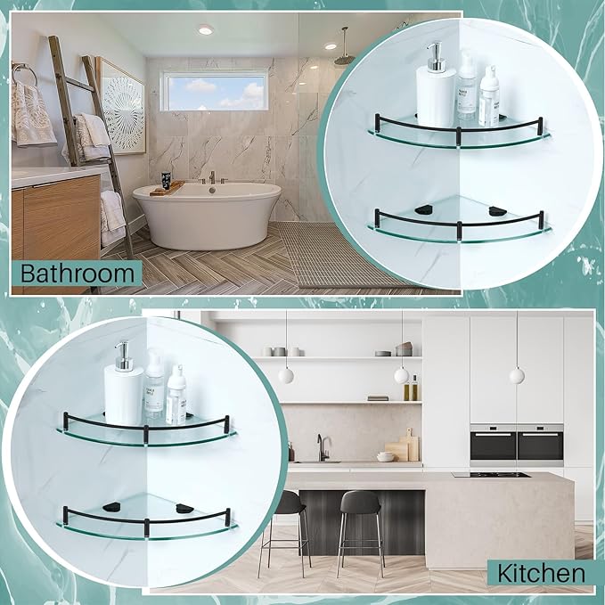 Crowye 4 Pcs Corner Shower Shelf 2-tier Glass Corner Shelf Stainless Steel Wall Mounted Bathroom Organizer for Storing Shower Gel Shampoo Brush, 9.25 Inches (Black)