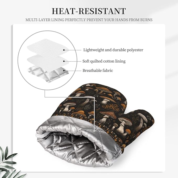 Oven Mitts and Pot Holders Set, Vintage Mushroom Leaf Silicone Kitchen Accessories 4 Piece Heat Resistant Long Gloves Potholder Non-Slip Grip for Chef Cooking Baking Grilling BBQ