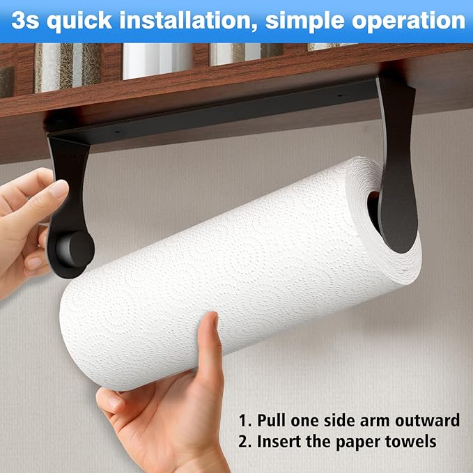 Paper Towel Holder Under Cabinet, Black, Adhesive & Wall Mount, Under Counter Paper Towel Rack for Kitchen and Bathroom, Home and Kitchen Decor