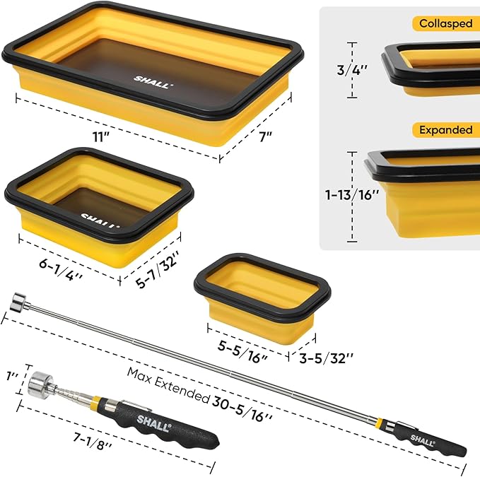 SHALL Collapsible Magnetic Tool Parts Tray and Telescoping Magnetic Pickup Tool Set, 3-Piece Silicone Foldable Magnetic Bowls & 25LBS Force Extendable Magnet for Mechanic Screw Bolts Nuts Washers Pins