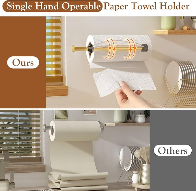 Paper Towel Holder Under Cabinet with 2 Hooks, Paper Towel Holder Wall Mount with Damping Effect, Self-Adhesive or Drilled Paper Roll Holders for Kitchen, Bathroom, RV(Gold)