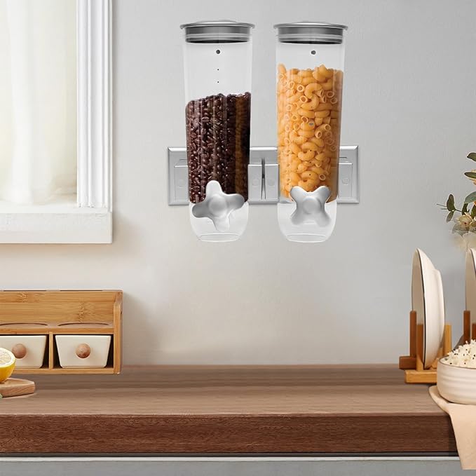 Wall-mounted Food Dispenser, 3L 2 Buckets Coffee Bean Candy Rice Dispenser, Dry Food Dispenser Cereal Dispenser Grain Storage Dispenser for Home, Kitchen, Countertop, Cutlery Rack (White)