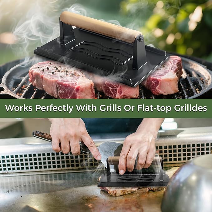 Cast Iron Smash Burger Press,Grill Bacon Meat Press Tool,Perfect for Blackstone, Camp Chef, Weber Grills & Indoor Griddles – BBQ & Cookout Must-Have (Rectangle -Grooved)
