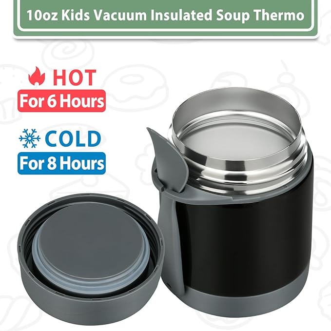 Howeemo 10oz Soup Thermo for Hot Food Kids,Lunch Kids Jar with Spoon Insulated Containers,Leak Proof Stainless Steel Wide Mouth Lunch School(Black)