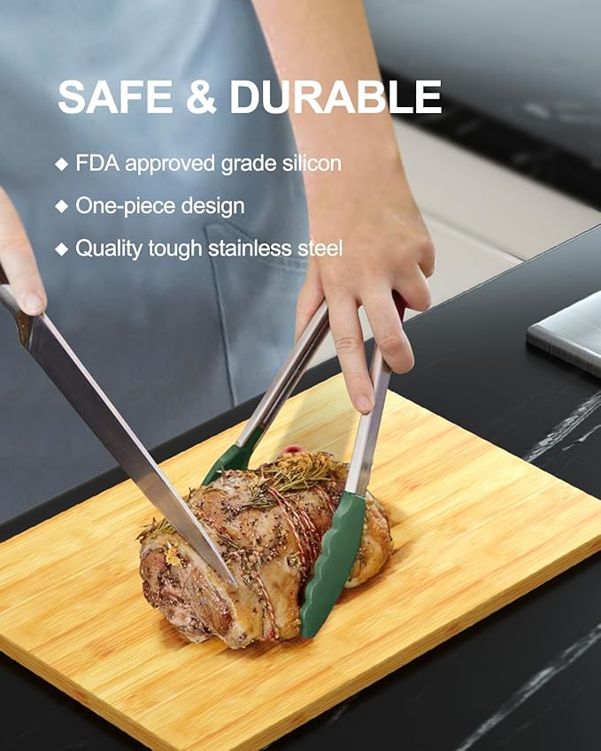 600ºF Heat Resistant Kitchen Tongs, Premium Locking Cooking Tongs with Silicone Tips, Non-Slip Food Tongs for Cooking, Non-Stick, Heavy Duty Stainless Steel Handle, Set of 3-7" 9" and 12" Turquoise