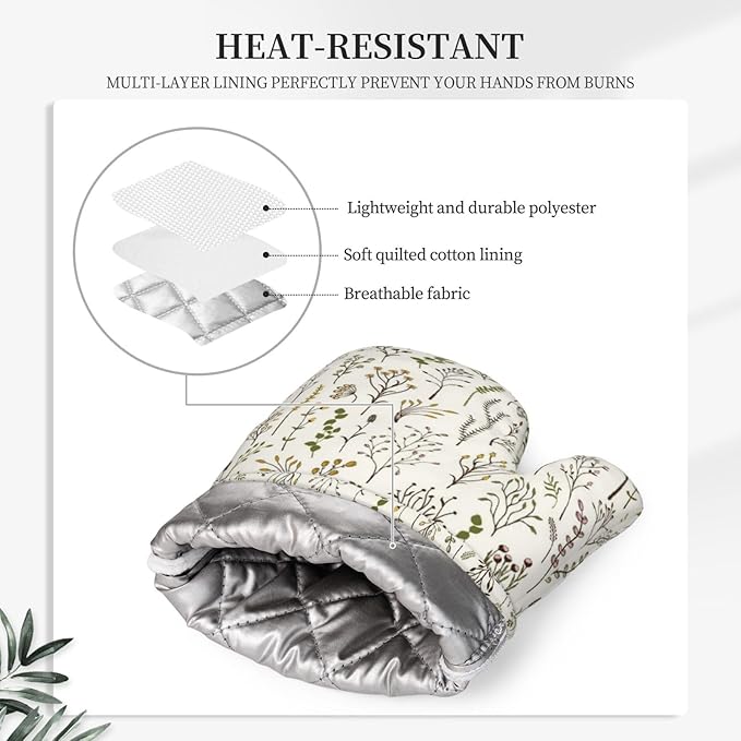 Colorful Wildplants Oven Mitts and Pot Holders Sets Silicone Wildflowers Kitchen Oven Mitts Hot Pads Heat Resistant Beige Potholders Kitchen Mitts Set for Baking BBQ Cooking