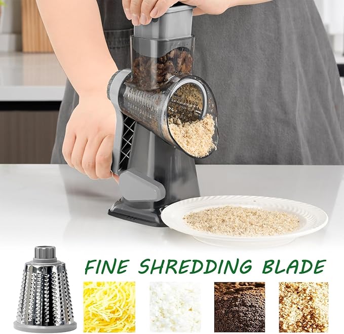 Cheese Grater Rotary Cheese Grater,Versatile Cheese Shredder,Blades for Shredding, Grating, Slicing,Cheese Shredder with Suction Base and Cleaning Brush Kitchen Gift (gray)