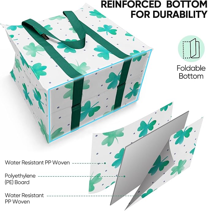 BALEINE 4 PK Grocery Bags Reusable Shopping Bags with Reinforced Bottom, Heavy Duty Foldable Tote Bags (Clover)