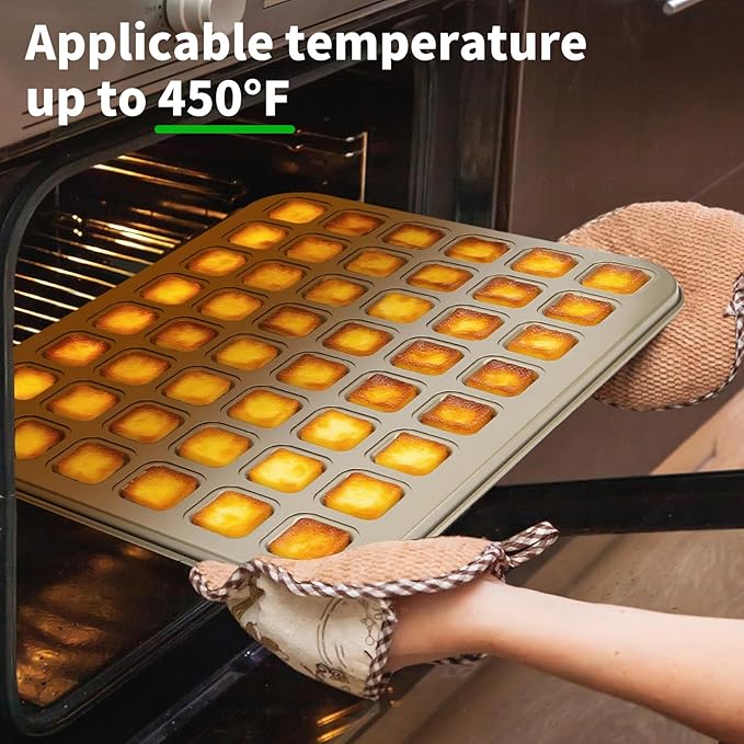 Beasea Square Mini Brownie Bite Pan, 2 Pack 48 Mini Small Tiny Cup All Edges Non Stick Square Cupcake Baking Sheet Tin Tray Carbon Steel Bakeware Individual Muffin Baking Pan - Gold